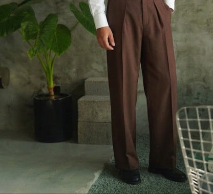 Brown Pleated Wide Leg Pants