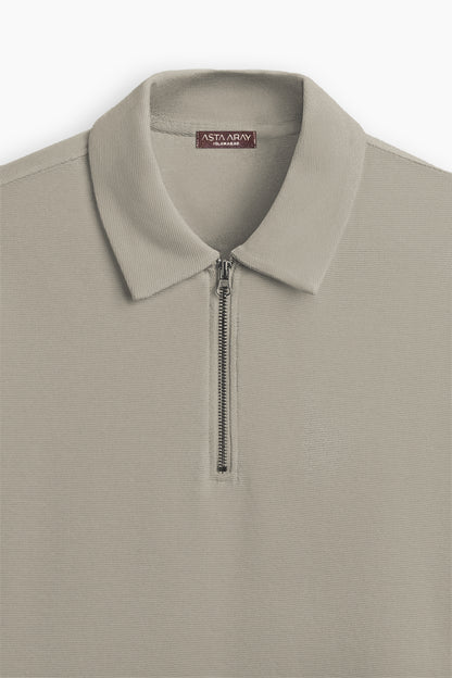Beige Grey Zip Polo Shirt