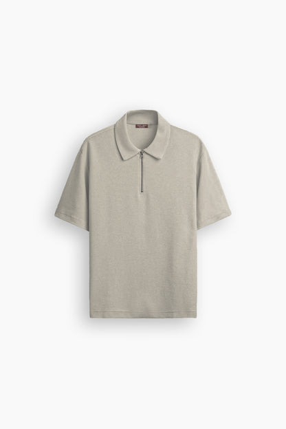 Beige Grey Zip Polo Shirt