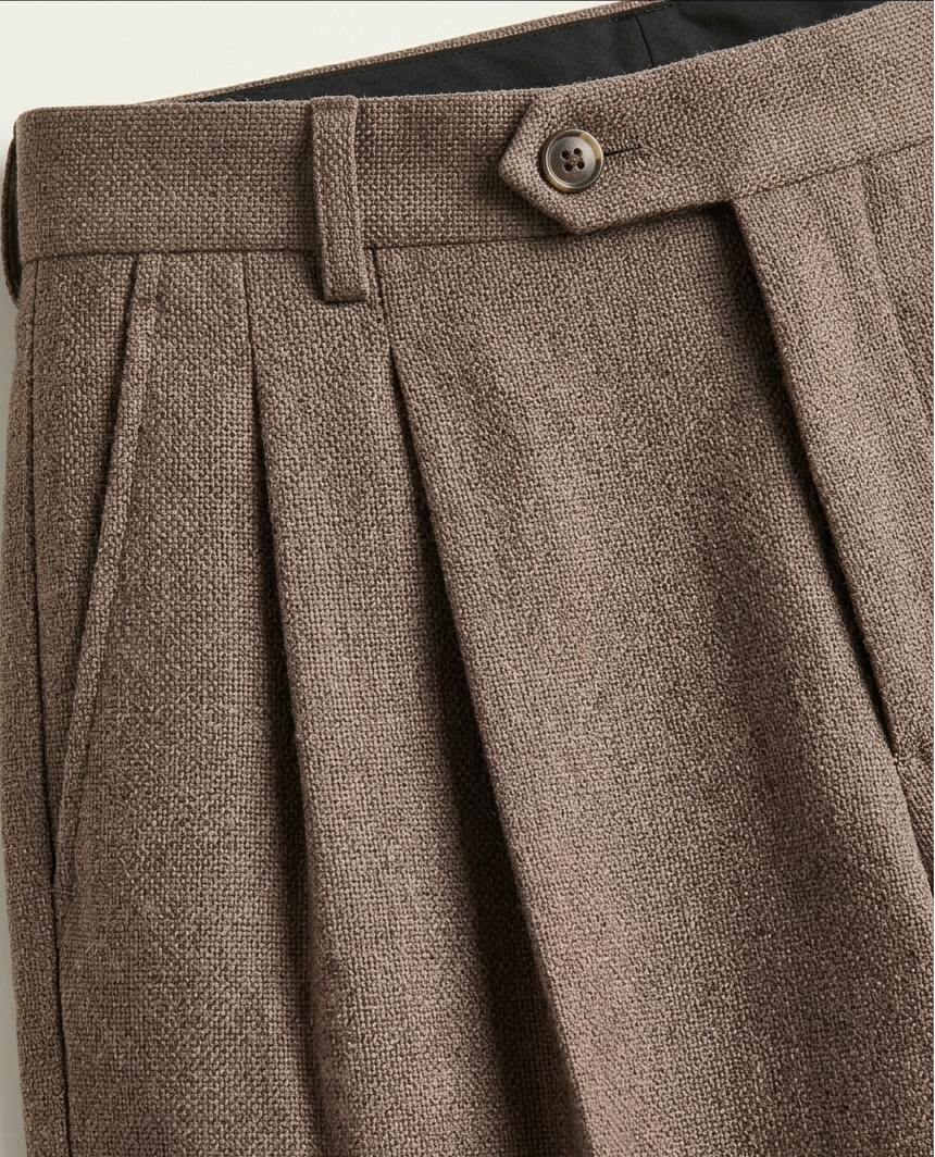 Brown Textured Pleated Trousers