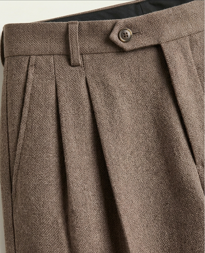 Brown Textured Pleated Trousers