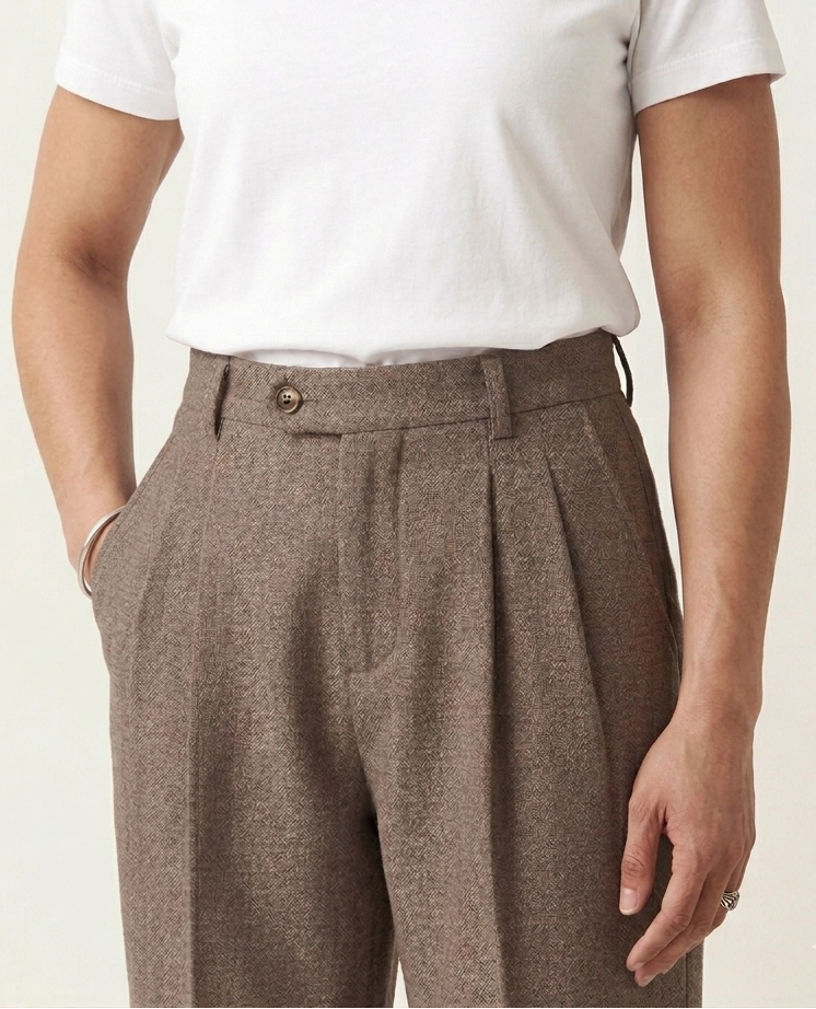 Brown Textured Pleated Trousers