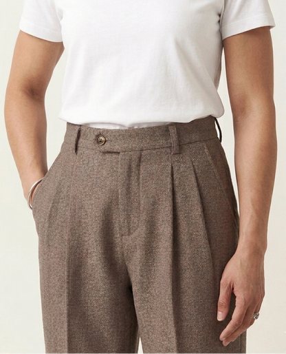 Brown Textured Pleated Trousers