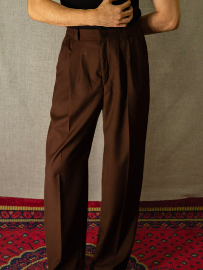Brown Loose-Fit Pleated Trousers