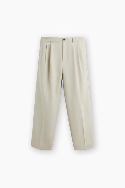 Beige Loose Fit Pleated Trousers