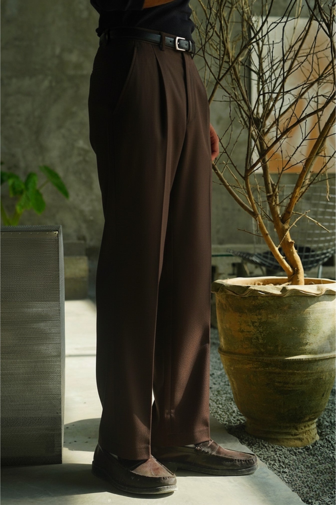 Brown Loose-Fit Pleated Trousers