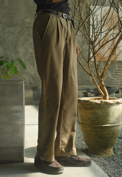 Khaki Loose-Fit Pleated Trousers