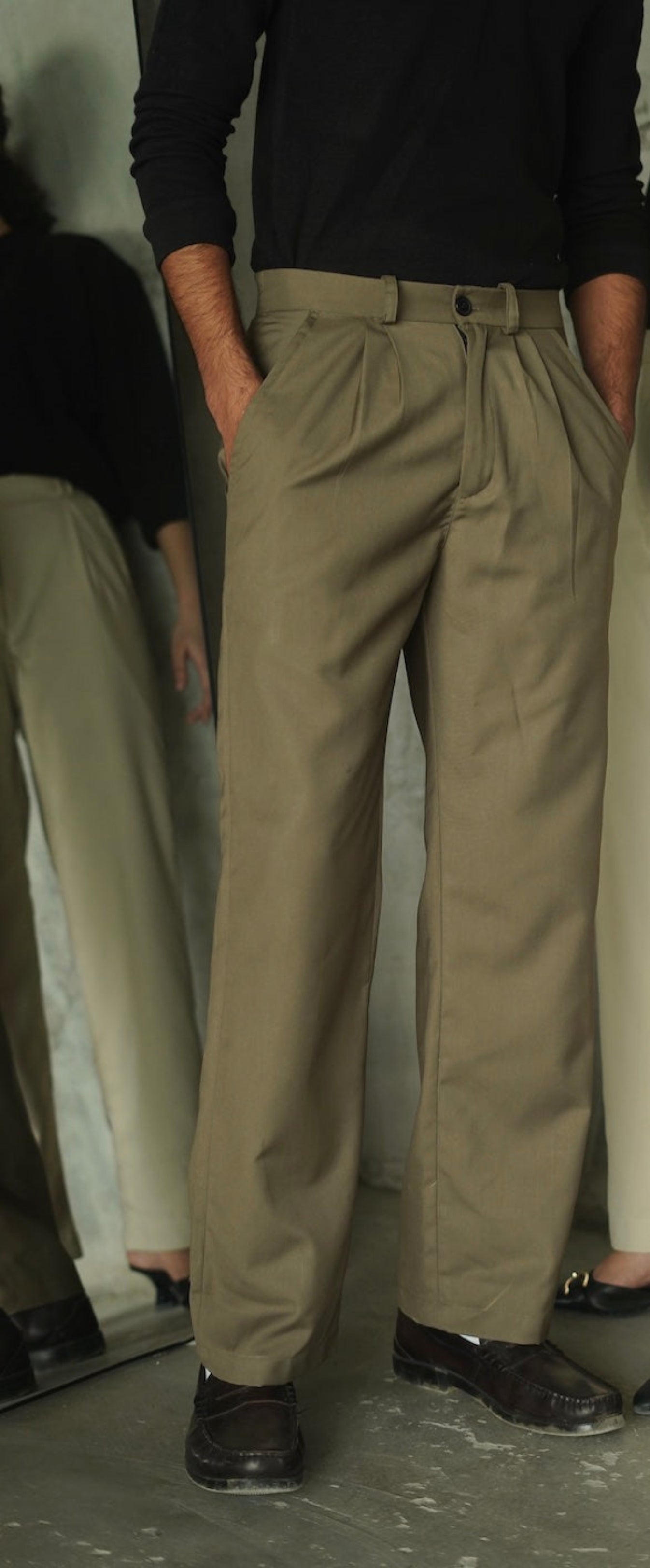 Khaki Loose-Fit Pleated Trousers