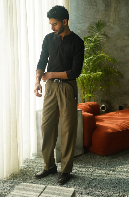 Khaki Loose-Fit Pleated Trousers