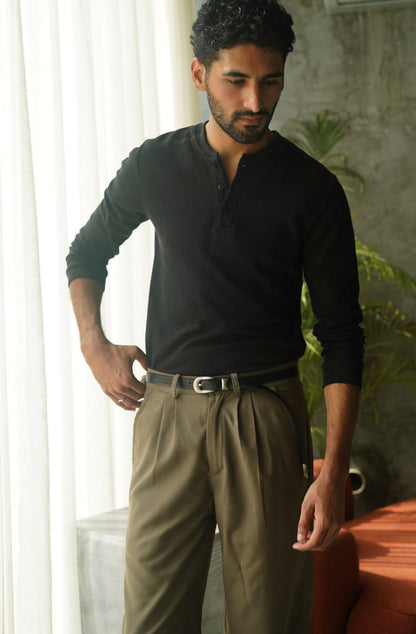 Khaki Loose-Fit Pleated Trousers