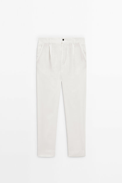 Straight Fit White Linen Trousers