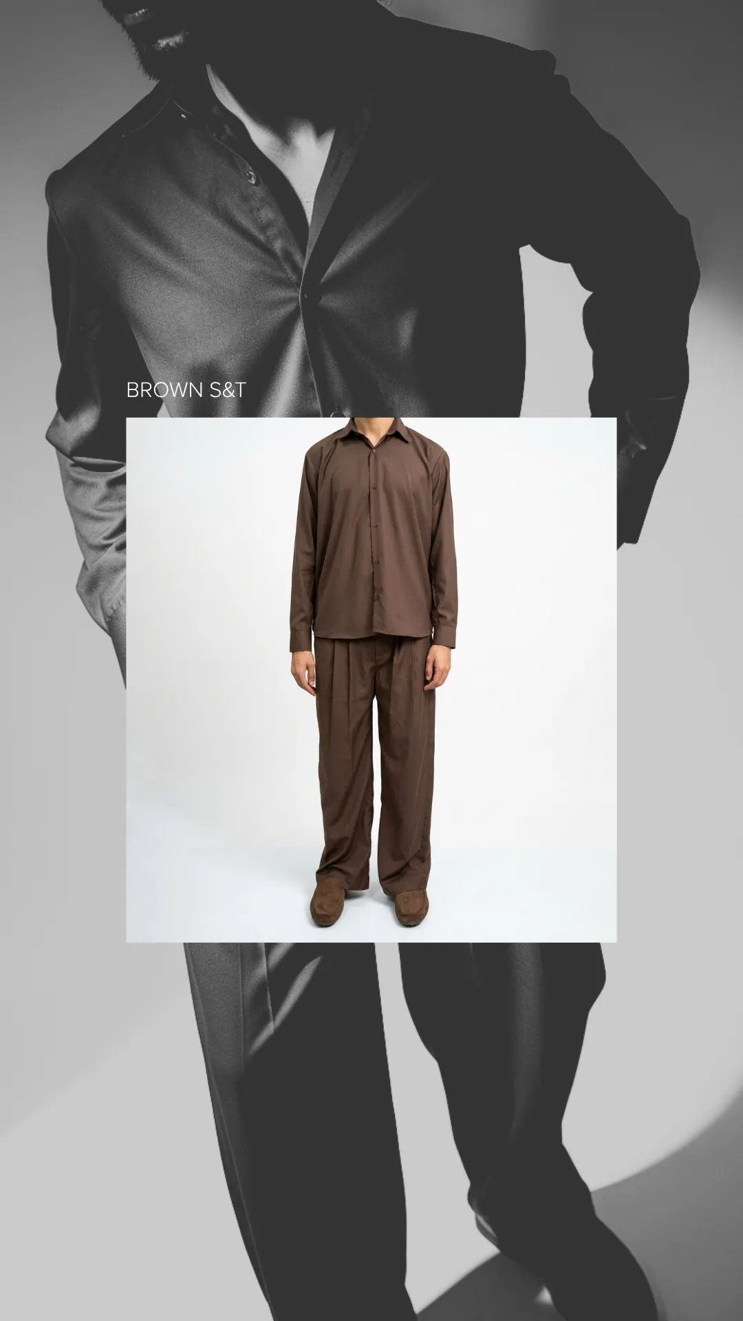Model wearing the brown shirt and pleated trousers set