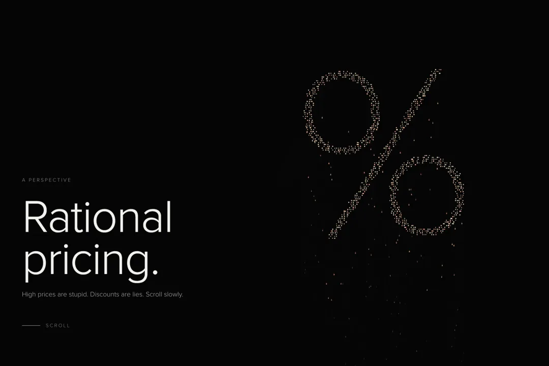 Preview of the Rational pricing page: the title beside a percent sign made of points of light