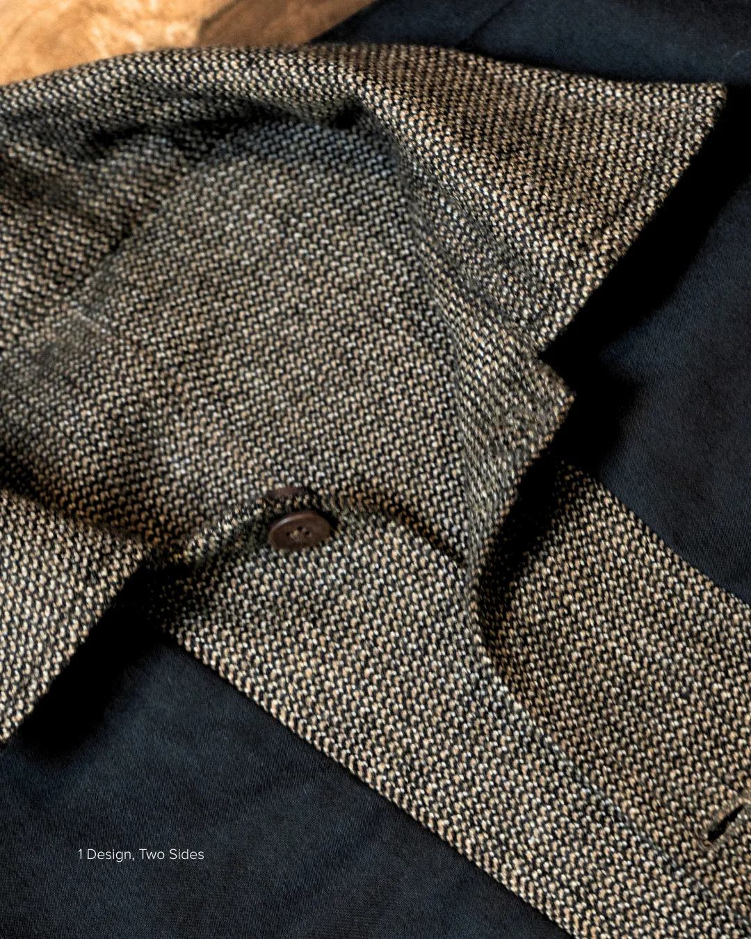 Close-up of the ASTA ARAY reversible tweed jacket